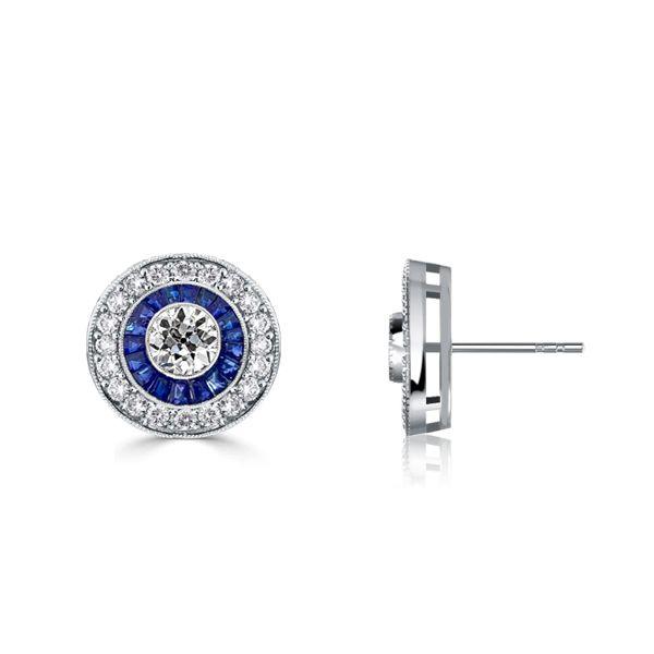 Antique Blue Sapphire Halo Stud Earrings - 925 Sterling Silver Vintage Style