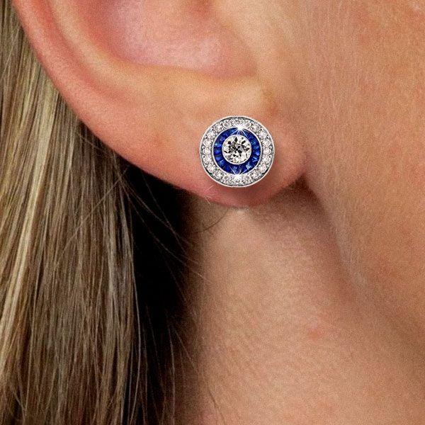 Antique Blue Sapphire Halo Stud Earrings - 925 Sterling Silver Vintage Style