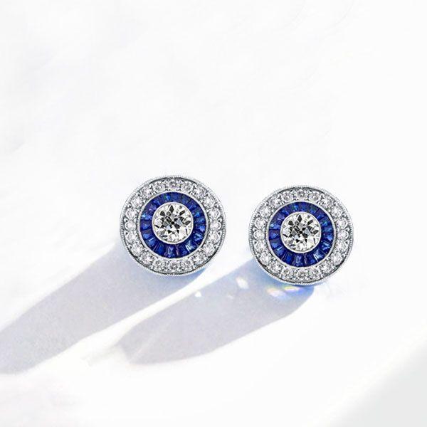 Antique Blue Sapphire Halo Stud Earrings - 925 Sterling Silver Vintage Style