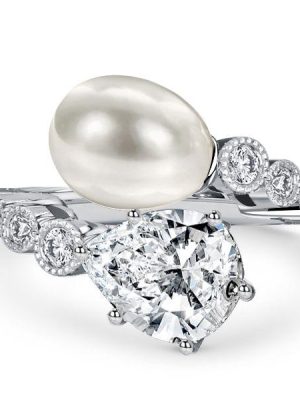 Pear Cut Pearl Engagement Ring - Vintage Style Sterling Silver Bypass Ring