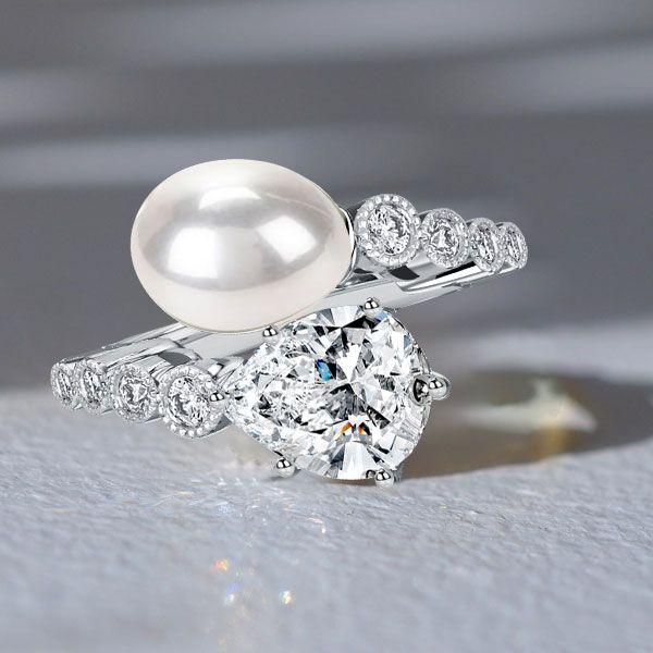 Pear Cut Pearl Engagement Ring - Vintage Style Sterling Silver Bypass Ring