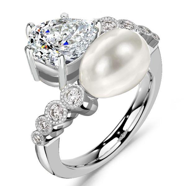 Pear Cut Pearl Engagement Ring - Vintage Style Sterling Silver Bypass Ring