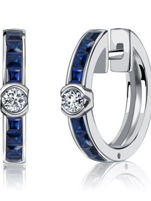 Blue Sapphire Sterling Silver Hoop Earrings for Women - Hinged Clasp