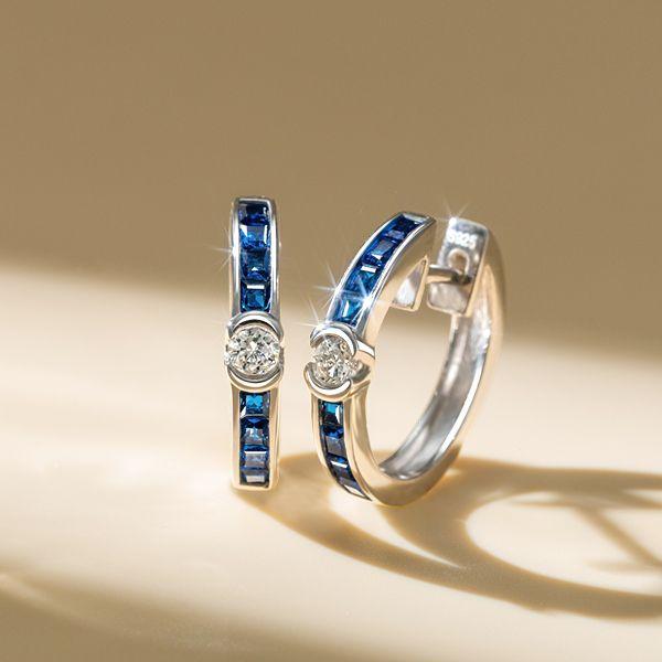 Blue Sapphire Sterling Silver Hoop Earrings for Women - Hinged Clasp