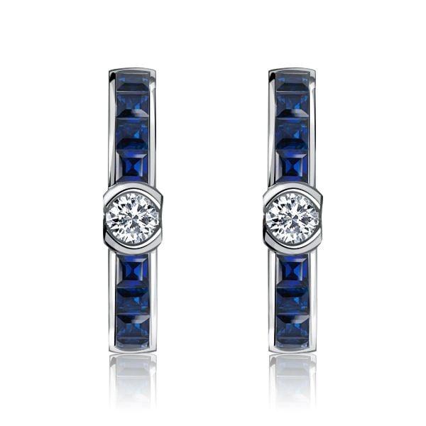 Blue Sapphire Sterling Silver Hoop Earrings for Women - Hinged Clasp