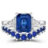 Three Stone Emerald Cut Sapphire and Diamond Bridal Set in Rhodium Plated Sterling Silver