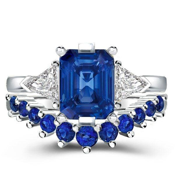 Three Stone Emerald Cut Sapphire and Diamond Bridal Set in Rhodium Plated Sterling Silver