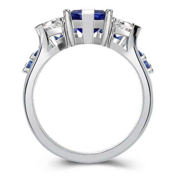 Three Stone Emerald Cut Sapphire and Diamond Bridal Set in Rhodium Plated Sterling Silver