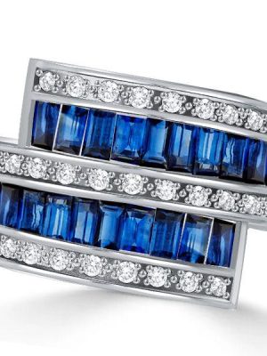 Baguette Blue Sapphire Bypass Ring - Vintage Style Wedding Band in Sterling Silver