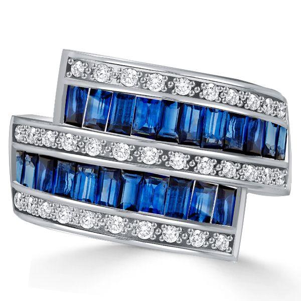 Baguette Blue Sapphire Bypass Ring - Vintage Style Wedding Band in Sterling Silver
