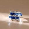 Baguette Blue Sapphire Bypass Ring - Vintage Style Wedding Band in Sterling Silver