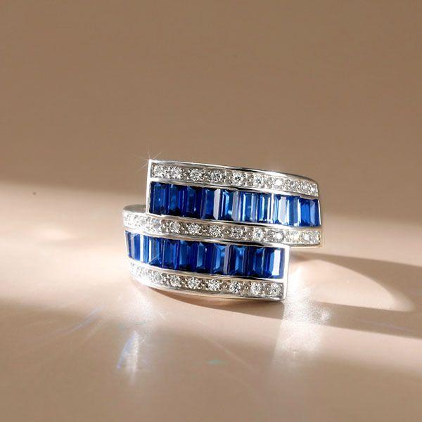 Baguette Blue Sapphire Bypass Ring - Vintage Style Wedding Band in Sterling Silver