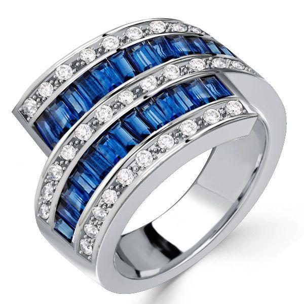 Baguette Blue Sapphire Bypass Ring - Vintage Style Wedding Band in Sterling Silver