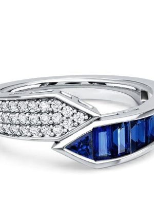 Sterling Silver Bypass Design Emerald Cut Blue Sapphire Band Ring (1.08 CT. TW.)