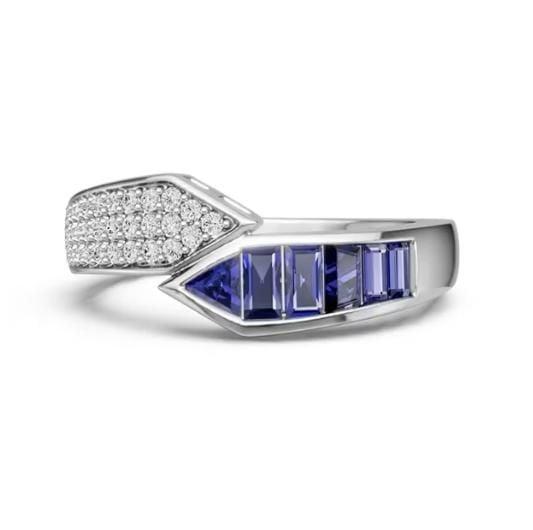 Sterling Silver Bypass Design Emerald Cut Blue Sapphire Band Ring (1.08 CT. TW.)