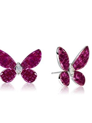 Dancing Butterfly Ruby & Sapphire 925 Sterling Silver Stud Earrings for Women