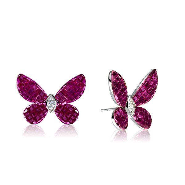 Dancing Butterfly Ruby & Sapphire 925 Sterling Silver Stud Earrings for Women