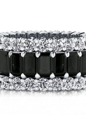 Triple Row Created Emerald & Black Sapphire Sterling Silver Wedding Band
