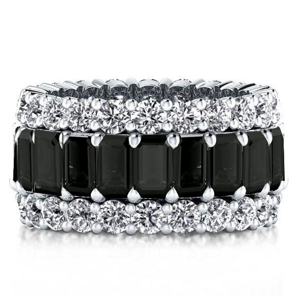 Triple Row Created Emerald & Black Sapphire Sterling Silver Wedding Band