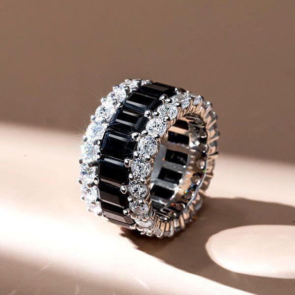 Triple Row Created Emerald & Black Sapphire Sterling Silver Wedding Band