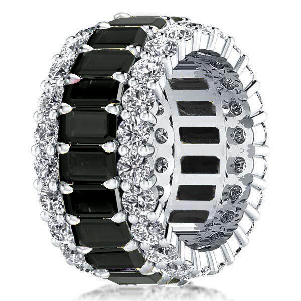 Triple Row Created Emerald & Black Sapphire Sterling Silver Wedding Band