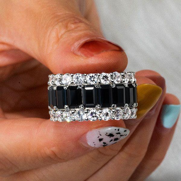 Triple Row Created Emerald & Black Sapphire Sterling Silver Wedding Band