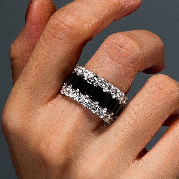 Triple Row Created Emerald & Black Sapphire Sterling Silver Wedding Band