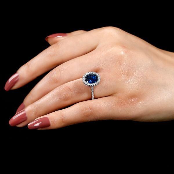 Blue Sapphire Halo Engagement Ring - Sterling Silver