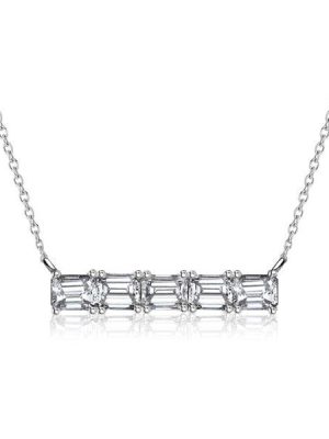 Sterling Silver Baguette Cut Bar Necklace | Genuine 925 Silver Rhodium Plated