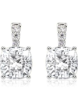 Cushion Cut White Sapphire Drop Earrings for Women in Rhodium Plated Sterling Silver