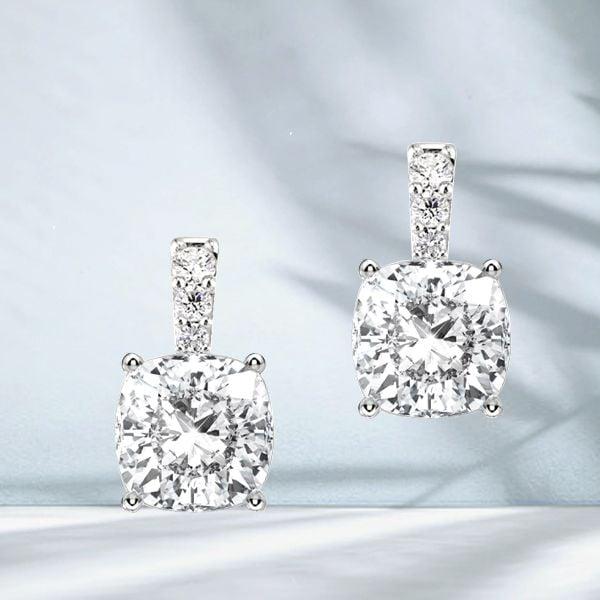 Cushion Cut White Sapphire Drop Earrings for Women in Rhodium Plated Sterling Silver