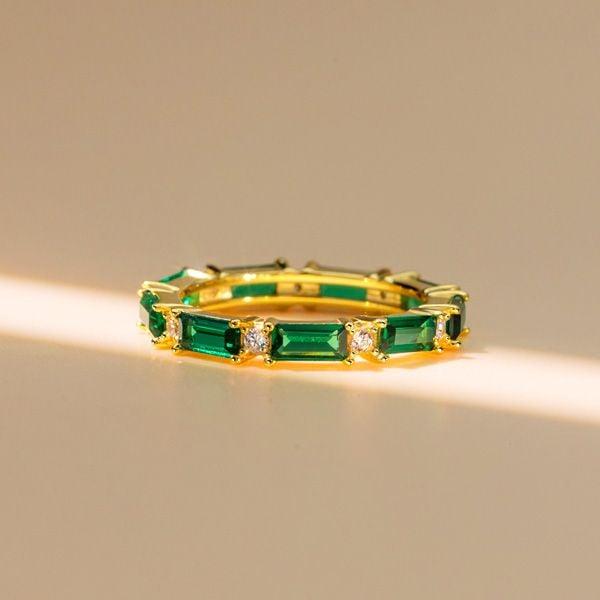 Emerald Green Eternity Wedding Band Ring 18K Gold Plated Sterling Silver Stackable