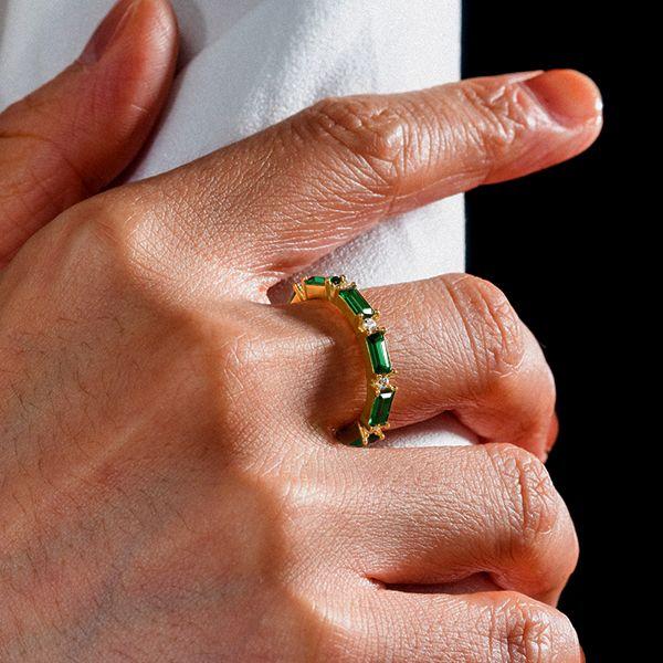 Emerald Green Eternity Wedding Band Ring 18K Gold Plated Sterling Silver Stackable