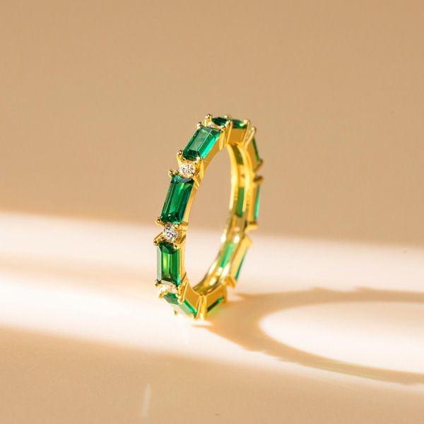 Emerald Green Eternity Wedding Band Ring 18K Gold Plated Sterling Silver Stackable