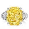 Three Stone Emerald Cut Yellow Sapphire Engagement Ring in Rhodium Plated Sterling Silver