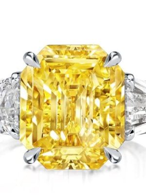 Three Stone Emerald Cut Yellow Sapphire Engagement Ring in Rhodium Plated Sterling Silver