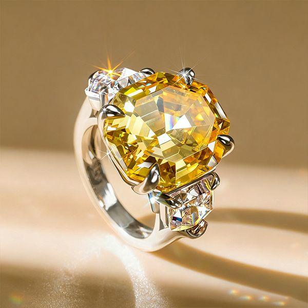 Three Stone Emerald Cut Yellow Sapphire Engagement Ring in Rhodium Plated Sterling Silver