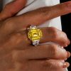 Three Stone Emerald Cut Yellow Sapphire Engagement Ring in Rhodium Plated Sterling Silver