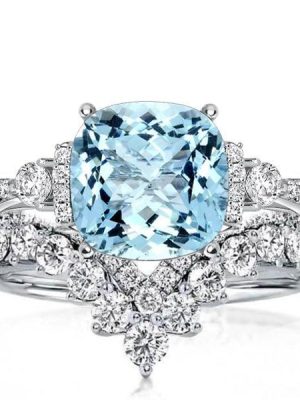 Cushion Cut Aquamarine Engagement Ring Bridal Set in Rhodium-Plated Sterling Silver