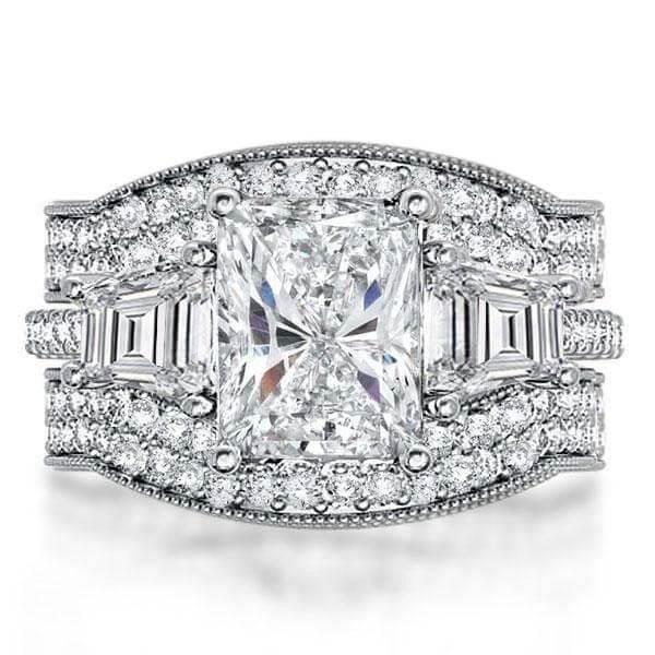 Three Stone Created White Sapphire 3PC Wedding Ring Set in Sterling Silver