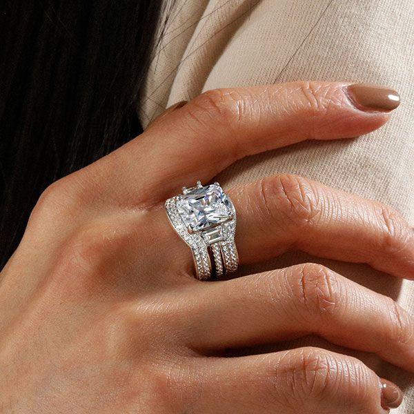 Three Stone Created White Sapphire 3PC Wedding Ring Set in Sterling Silver
