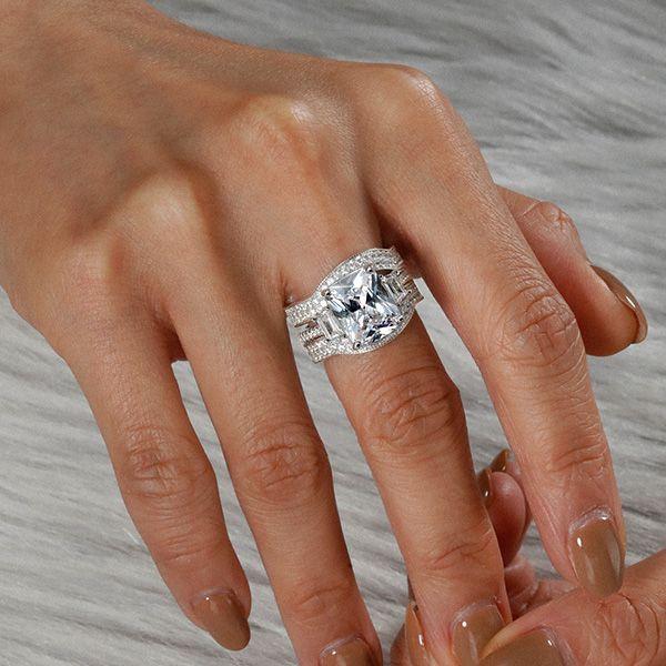 Three Stone Created White Sapphire 3PC Wedding Ring Set in Sterling Silver