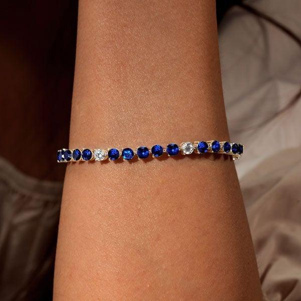 3-Prong Round Cut Blue Stone Tennis Bracelet in 925 Sterling Silver
