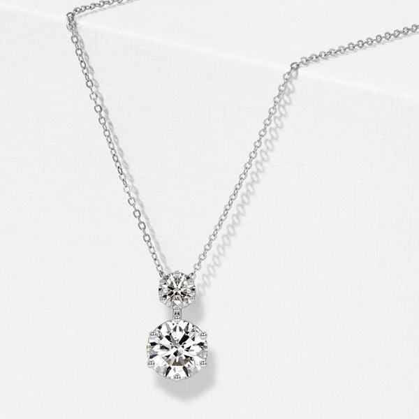 Sterling Silver Two Stone Pendant Necklace with Round Cut Accent, Rhodium Plated