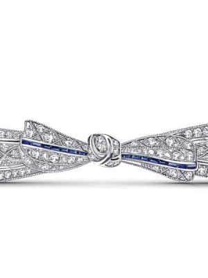 Vintage Blue & White Milgrain Bow Brooch Pin, 925 Sterling Silver Plated Women's Jewelry