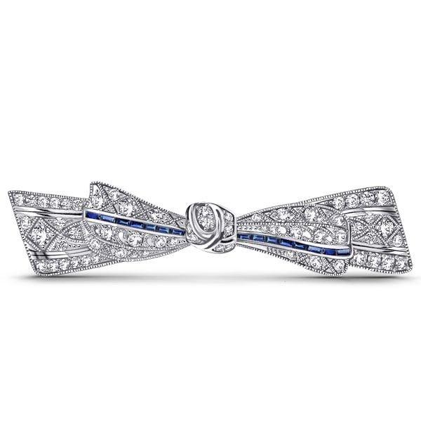 Vintage Blue & White Milgrain Bow Brooch Pin, 925 Sterling Silver Plated Women's Jewelry
