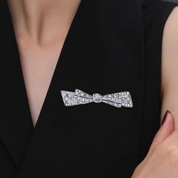 Vintage Blue & White Milgrain Bow Brooch Pin, 925 Sterling Silver Plated Women's Jewelry