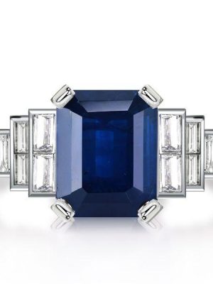 Emerald Cut Blue Sapphire Engagement Ring in Sterling Silver (4.86 CTW)