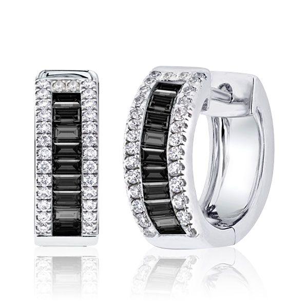 Sterling Silver Triple Row Hoop Earrings with Baguette and Round Cut Black Diamonds