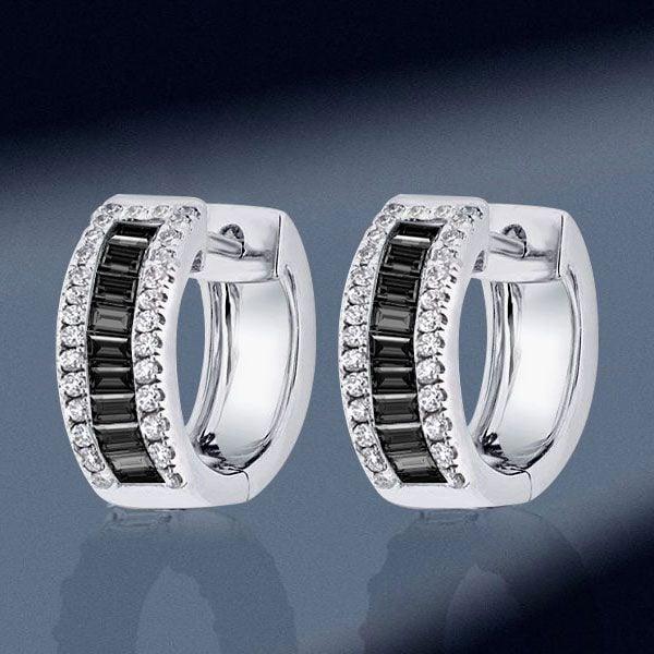 Sterling Silver Triple Row Hoop Earrings with Baguette and Round Cut Black Diamonds